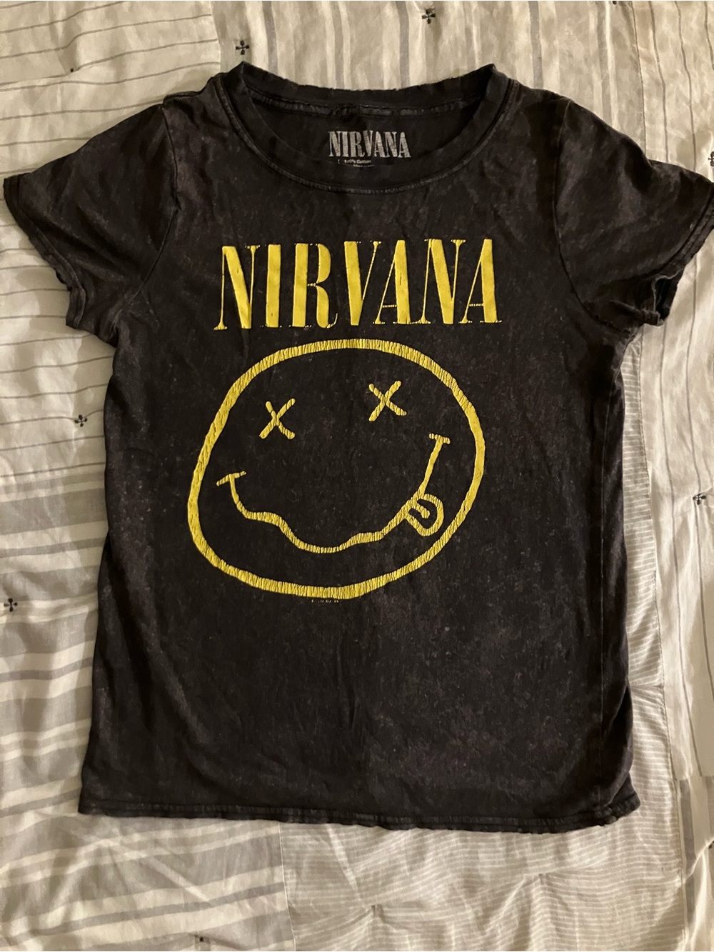 NIRVANA Black Short Sleeve Tee with Yellow Smiley Graphic
